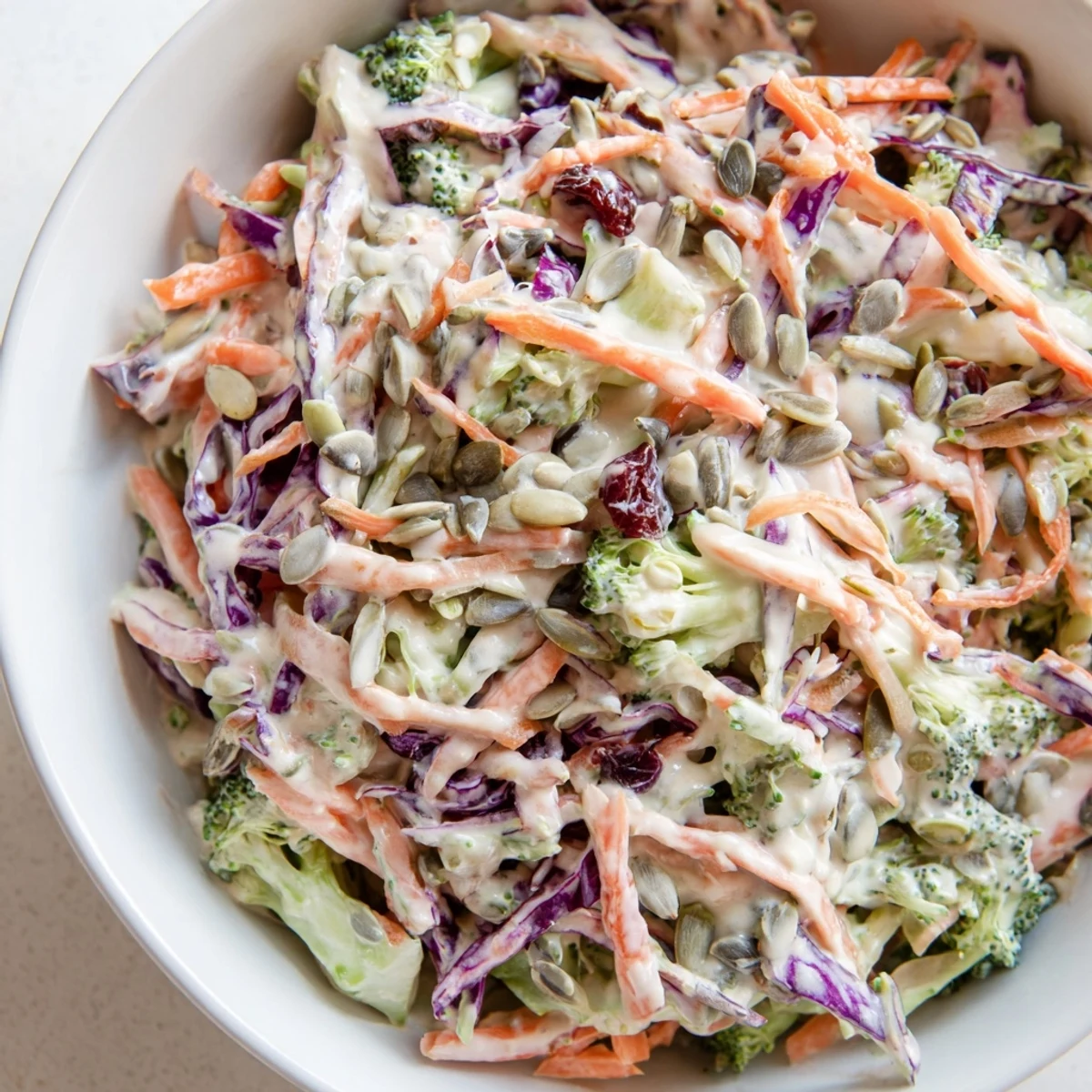 Fresh broccoli slaw with red cabbage and scallions ready for a summer picnic