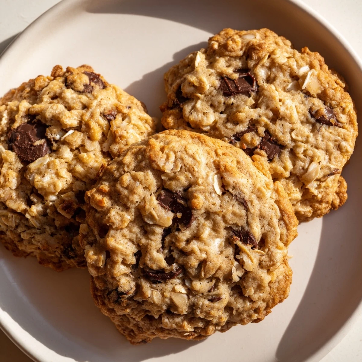 Chewy banana oatmeal cookies studded with chocolate chips on a rustic cooling rack