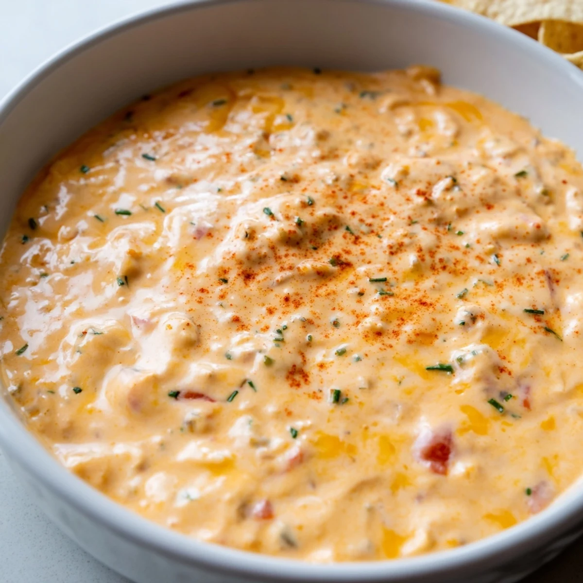 Warm cheese dip in a serving bowl surrounded by crispy tortilla chips