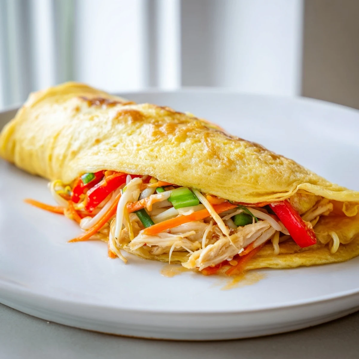 Golden Chinese omelette folded over crisp vegetables and tender shredded chicken