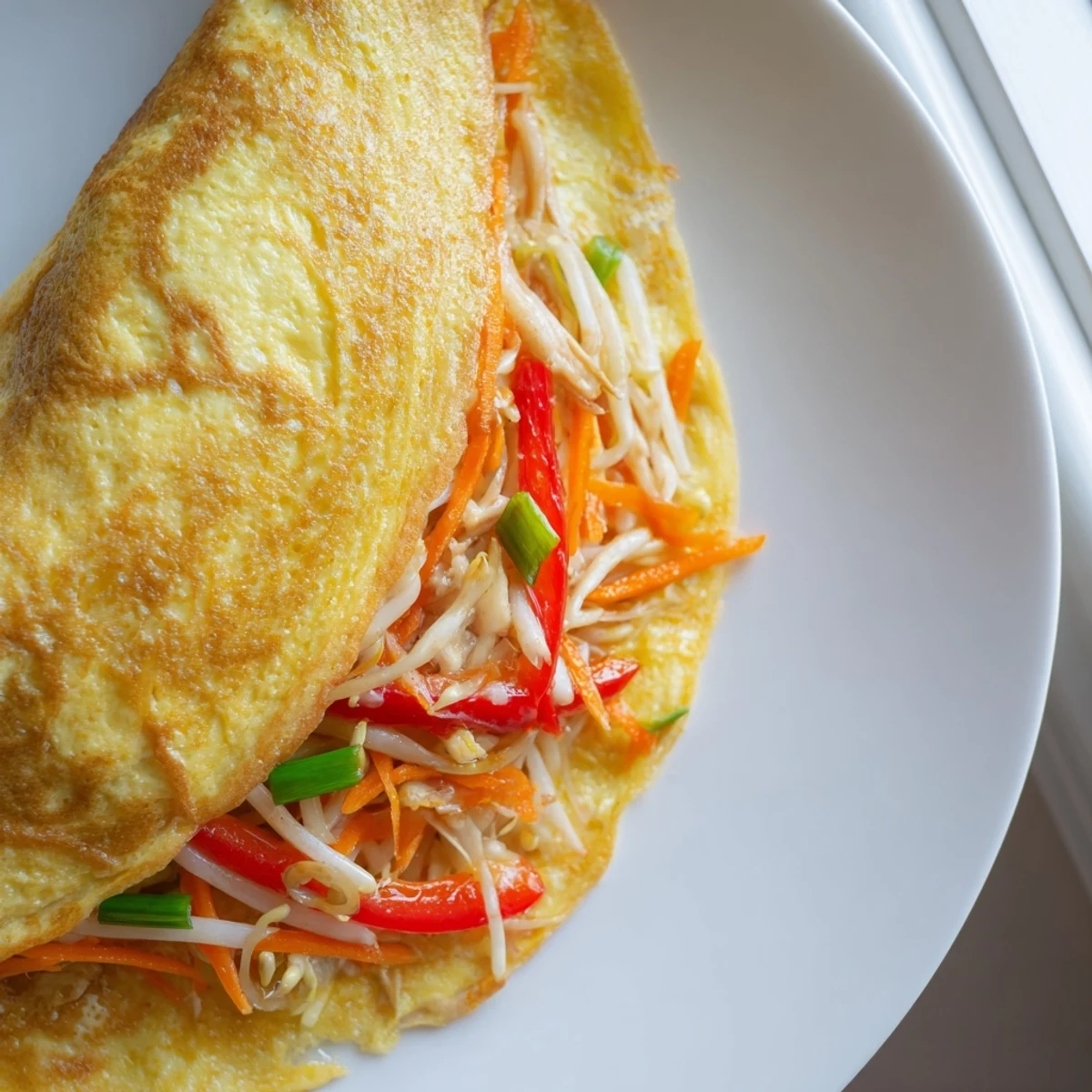 Savory Chinese omelette drizzled with sesame oil, served hot on a white plate