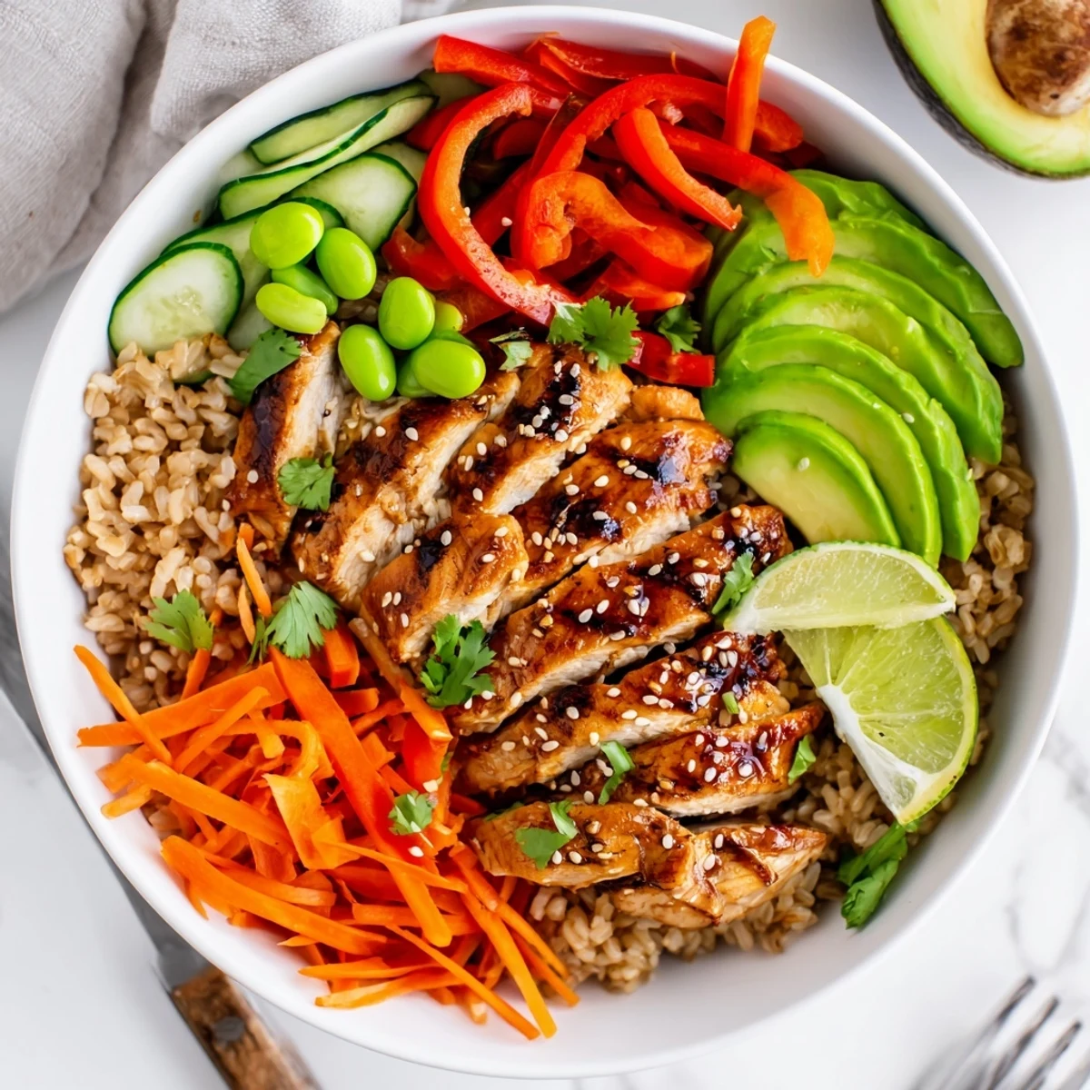 Colorful Asian Inspired Chicken Power Bowl with grilled chicken and crisp vegetables drizzled with sesame dressing.
