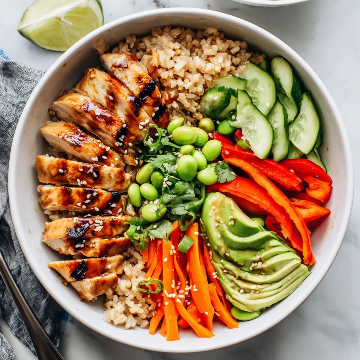 Asian Inspired Chicken Power Bowl served over brown rice with avocado, edamame, and fresh cilantro.