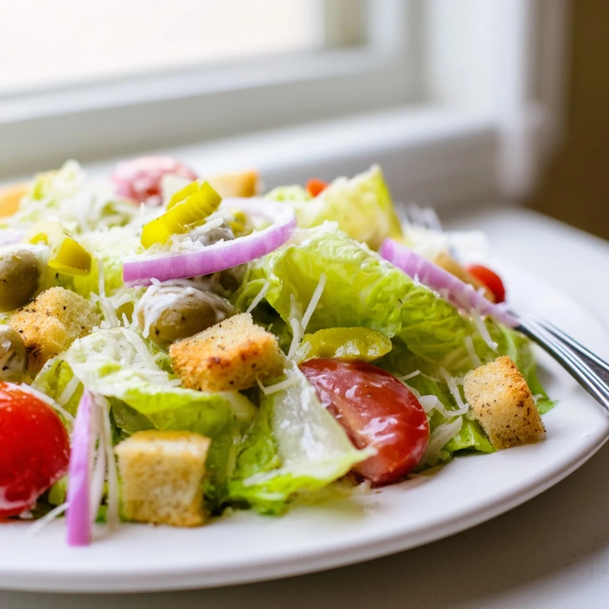 Crisp Olive Garden Salad topped with juicy tomatoes, pepperoncini, and creamy dressing