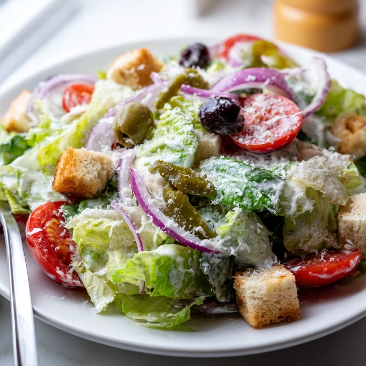 Fresh Olive Garden Salad in a bowl with crunchy croutons and shaved Parmesan