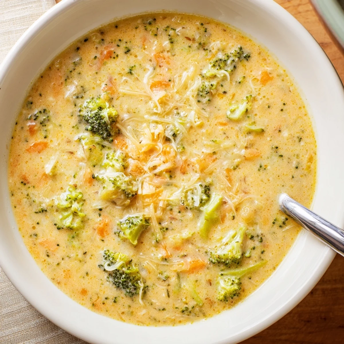 Creamy slow cooker broccoli cheese soup ladled into a rustic bread bowl