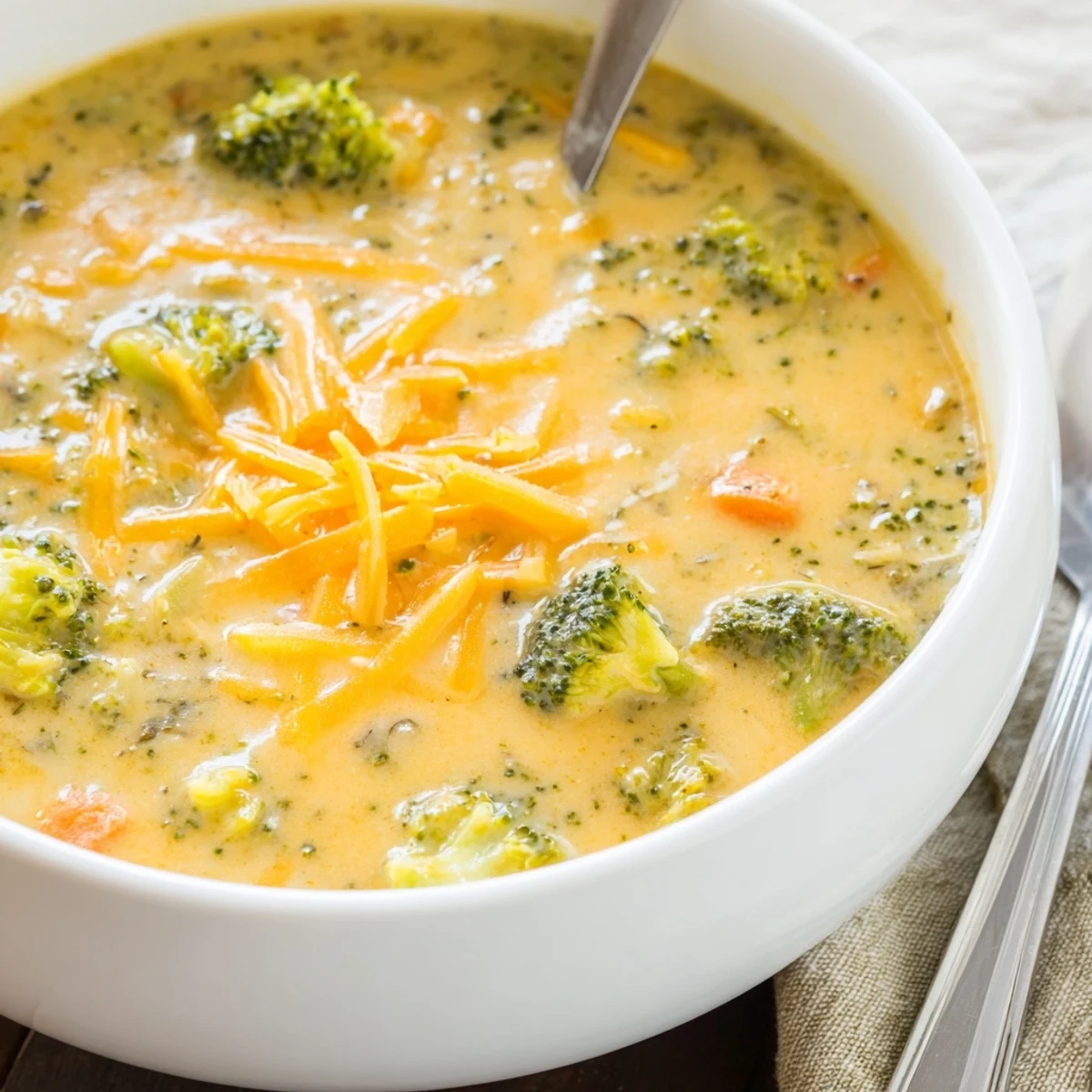 Golden slow cooker broccoli cheese soup garnished with fresh thyme and shredded cheese