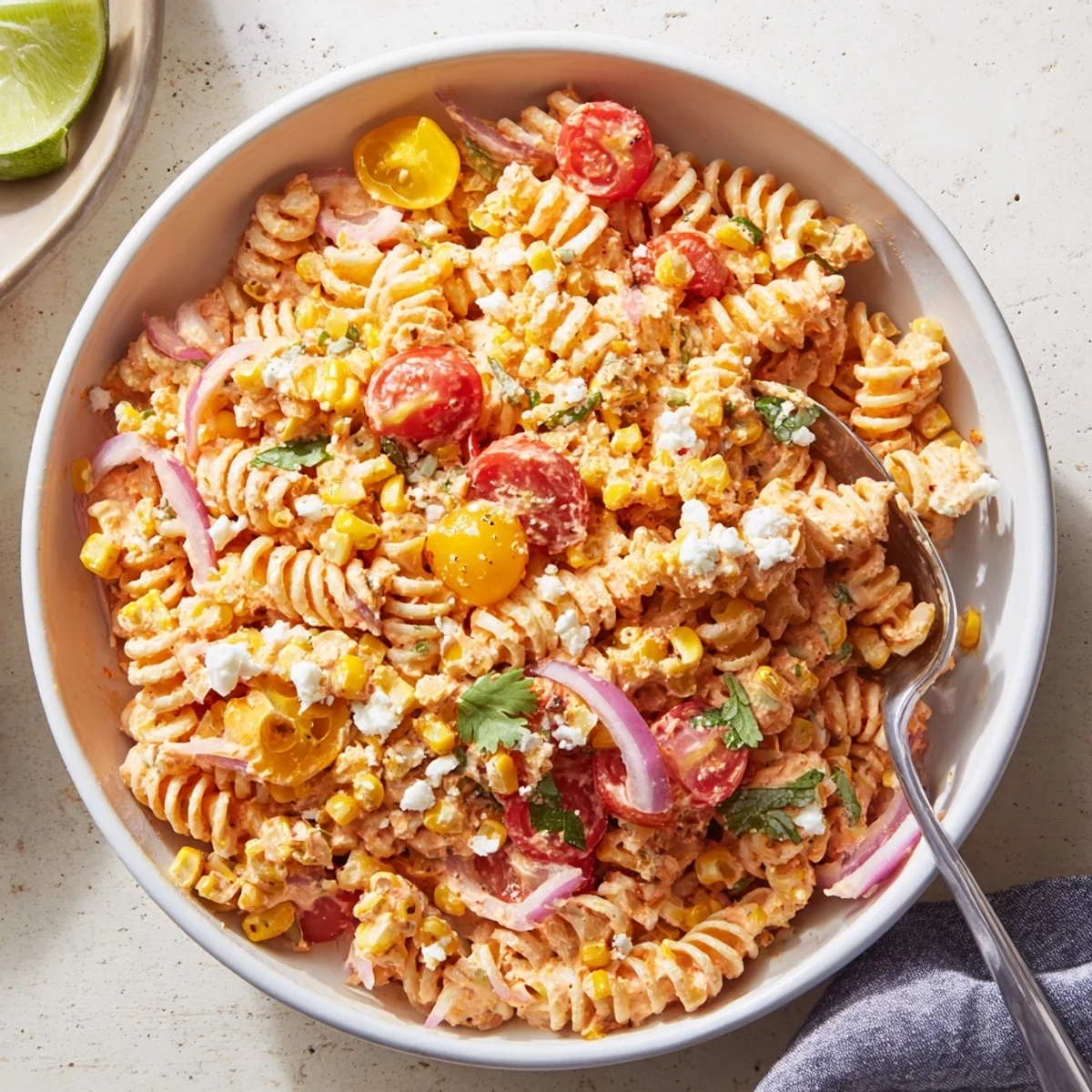 Creamy Elote Street Corn Pasta Salad topped with crumbled cotija cheese and lime wedges