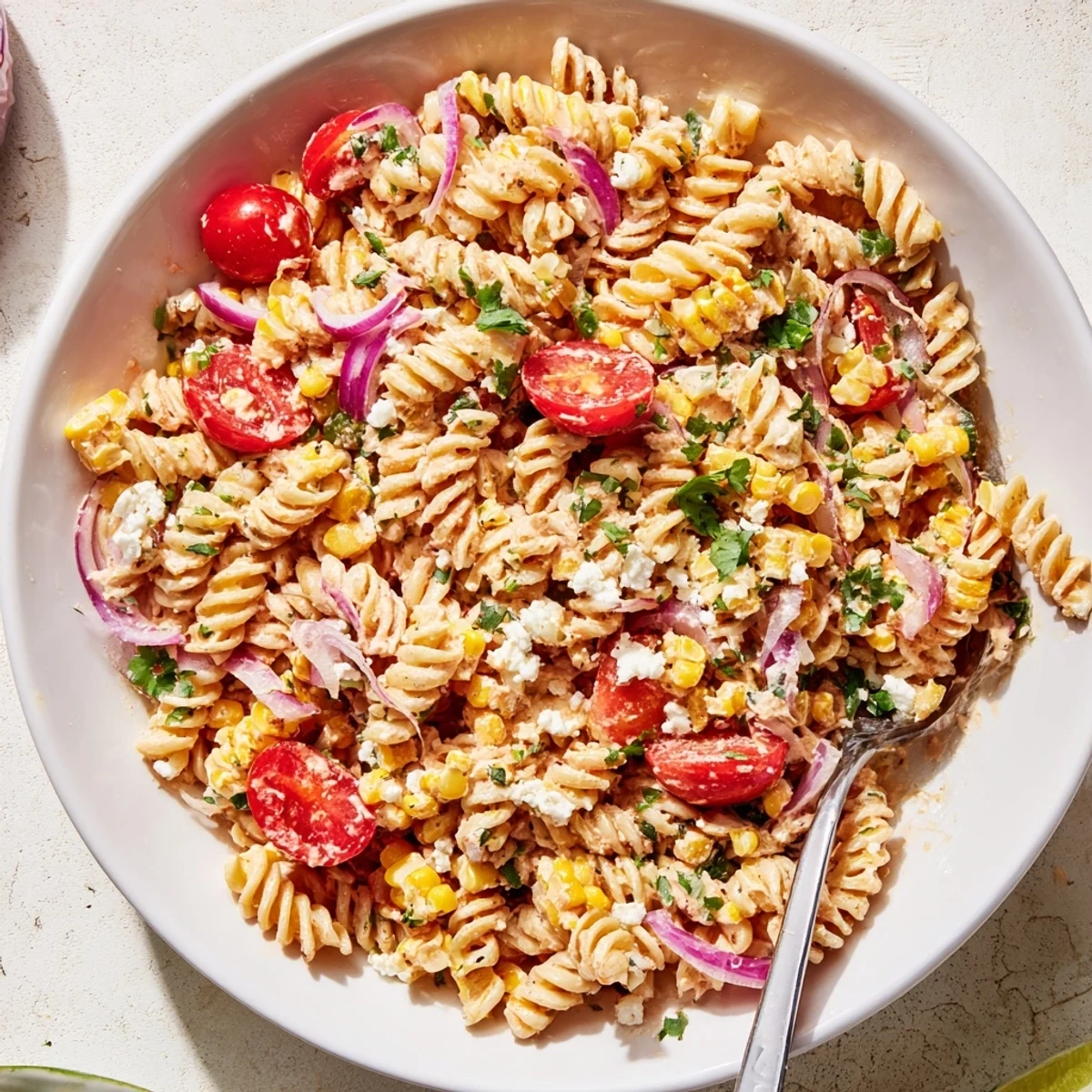 Smoky grilled corn and tender rotini tossed in a zesty chili-lime dressing for this Elote Street Corn Pasta Salad
