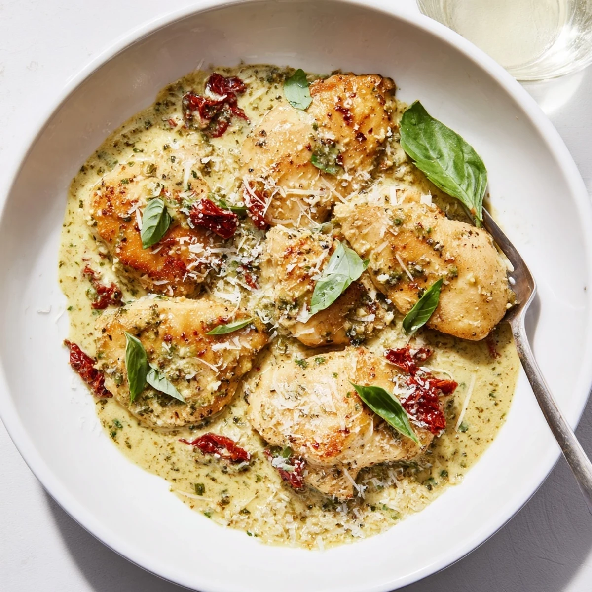 Juicy Marry Me Chicken Pesto in creamy sauce with sun-dried tomatoes and basil garnish