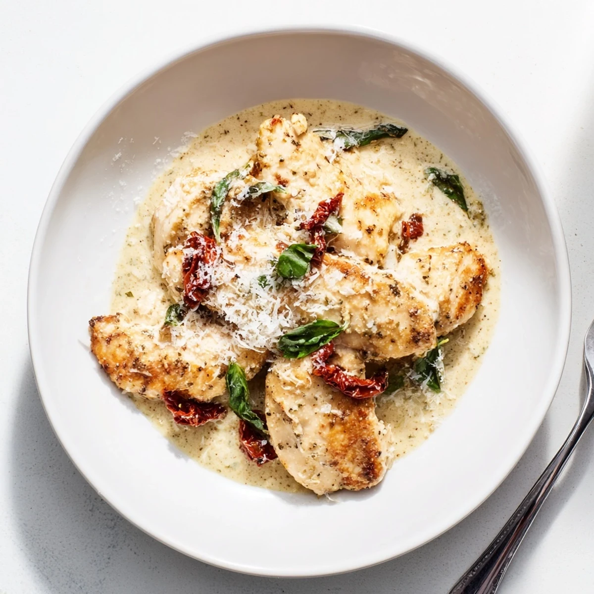 Creamy Marry Me Chicken Pesto served in a skillet topped with fresh torn basil