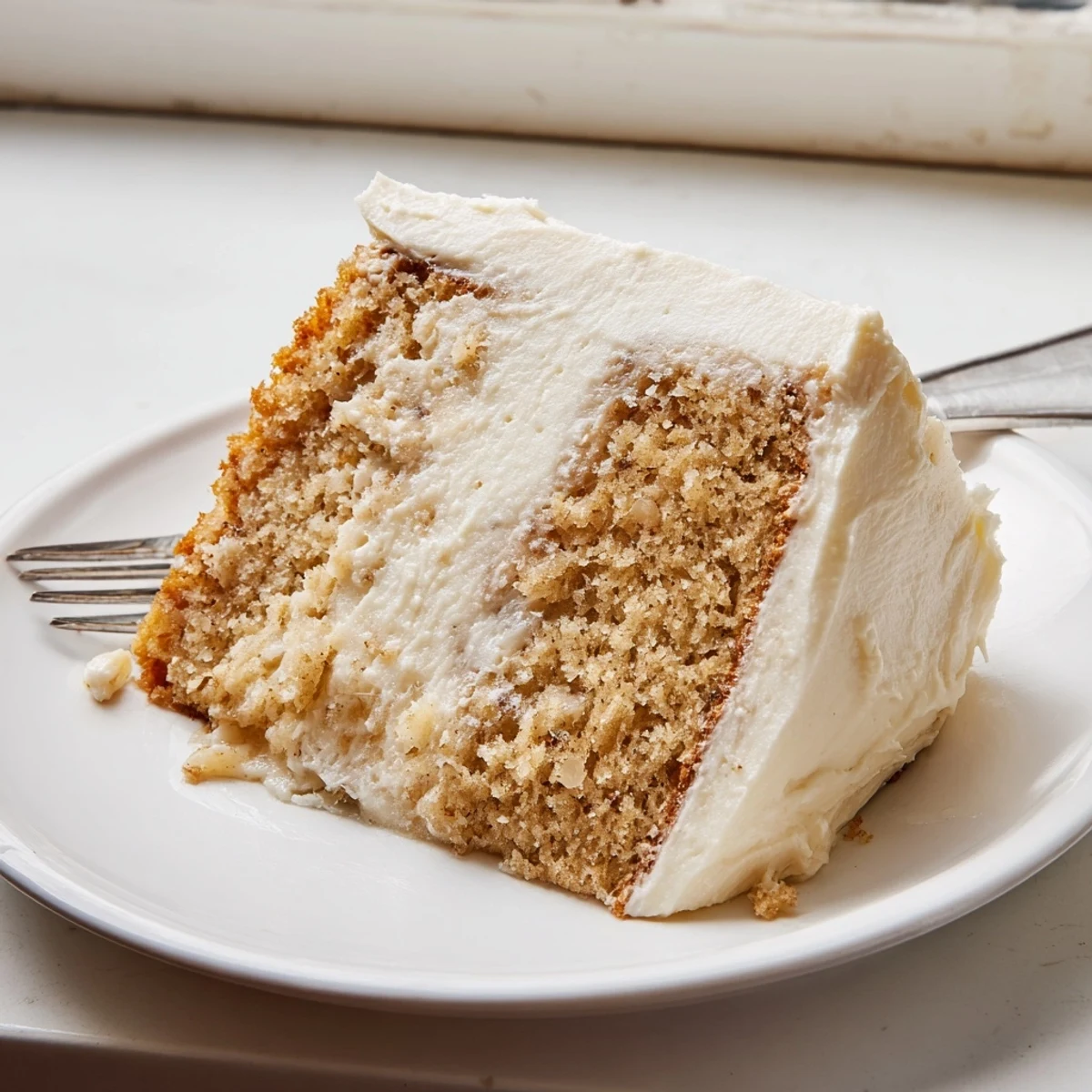 Rich brown butter banana cake with thick cream cheese frosting served on a white ceramic platter
