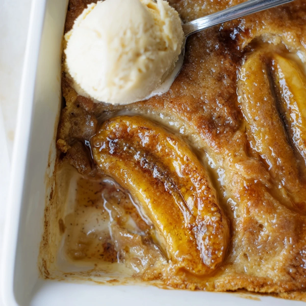 Golden Southern banana cobbler fresh from the oven with bubbling caramelized fruit
