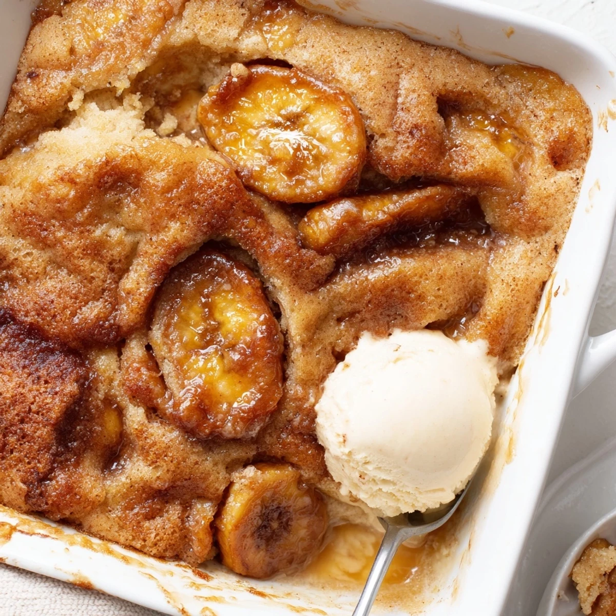 Southern banana cobbler in a baking dish with caramelized bananas and crisp topping