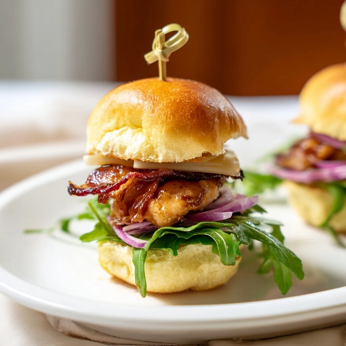 Caramelized maple chicken bacon sliders on toasted brioche buns with melting cheddar cheese.