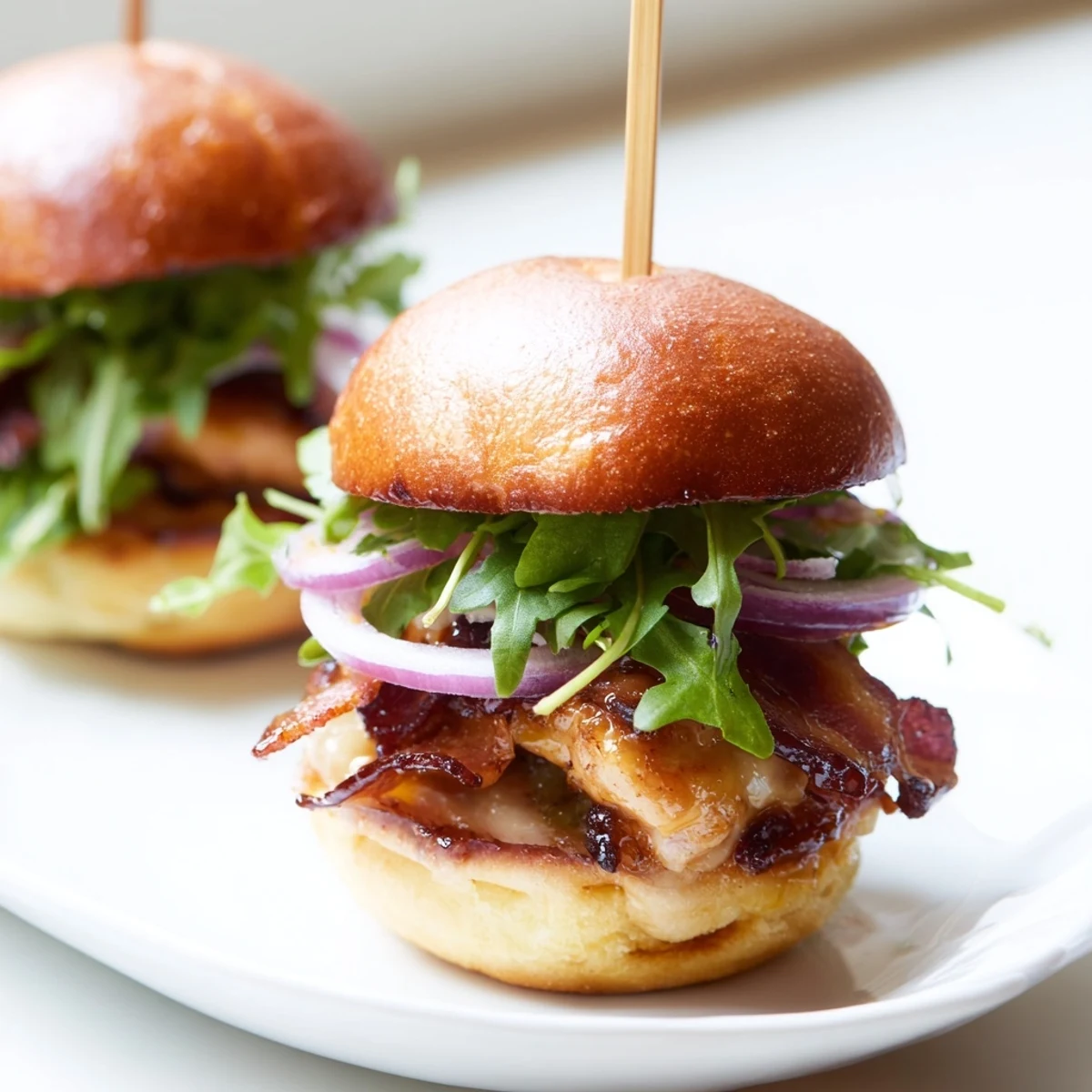 Close up of hot maple chicken bacon sliders loaded with gooey gouda and onions.