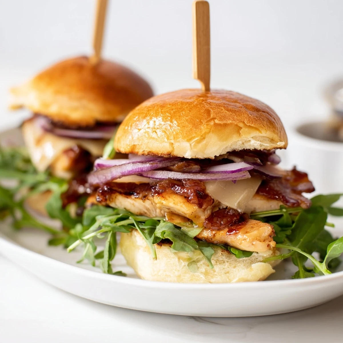 Crispy bacon and sticky maple chicken bacon sliders garnished with fresh green arugula.