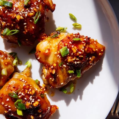 Golden sweet chili air fryer chicken thighs garnished with sesame seeds and green onions