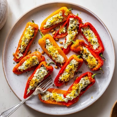 Creamy herbed goat cheese bursting from tender roasted mini sweet peppers on a rustic platter