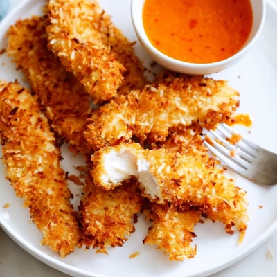 Crispy baked coconut chicken tenders on a parchment-lined sheet, golden and juicy