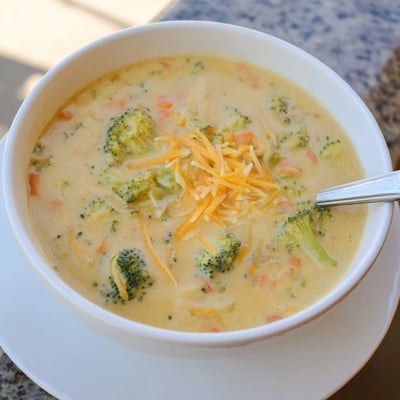 Thick slow cooker broccoli cheese soup topped with melted cheddar and croutons