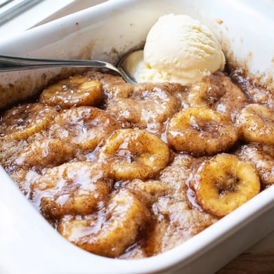 Warm Southern banana cobbler topped with a buttery golden crust ready to serve